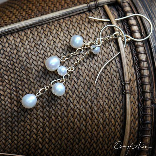 14K Gold & Freshwater Pearls 3-Pearl Drop Earrings - OutOfAsia