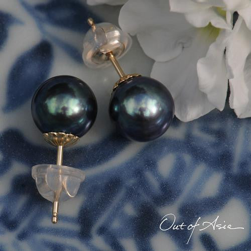 Brilliant Blue Freshwater Pearl Gold Post Earrings - OutOfAsia