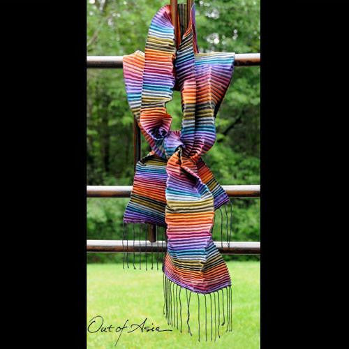 Cambodian Hand woven Pleated 100% Silk Rainbow Scarf - OutOfAsia