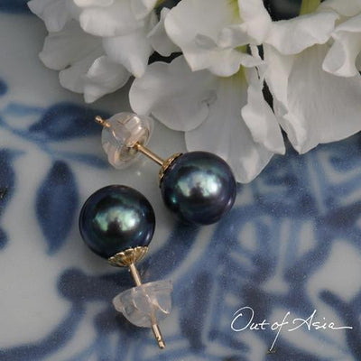 Brilliant Blue Freshwater Pearl Gold Post Earrings - OutOfAsia