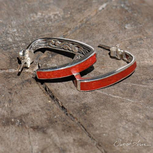 Sterling Silver ‘Tsunami’ Coral Angled Hoop Earrings - Handcrafted in Bali - OutOfAsia